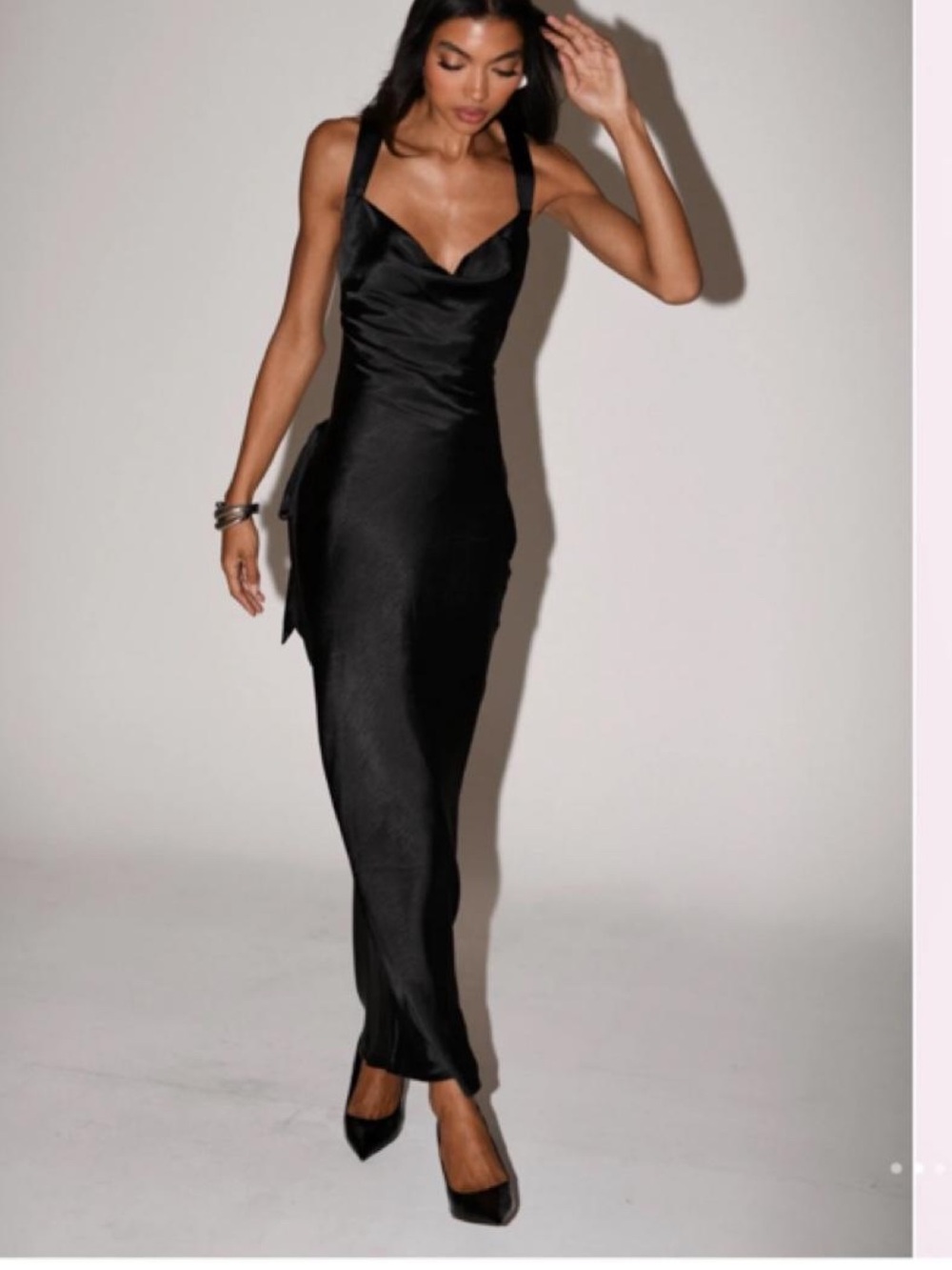 Meshki Black Satin Cowl Neck Maxi Dress